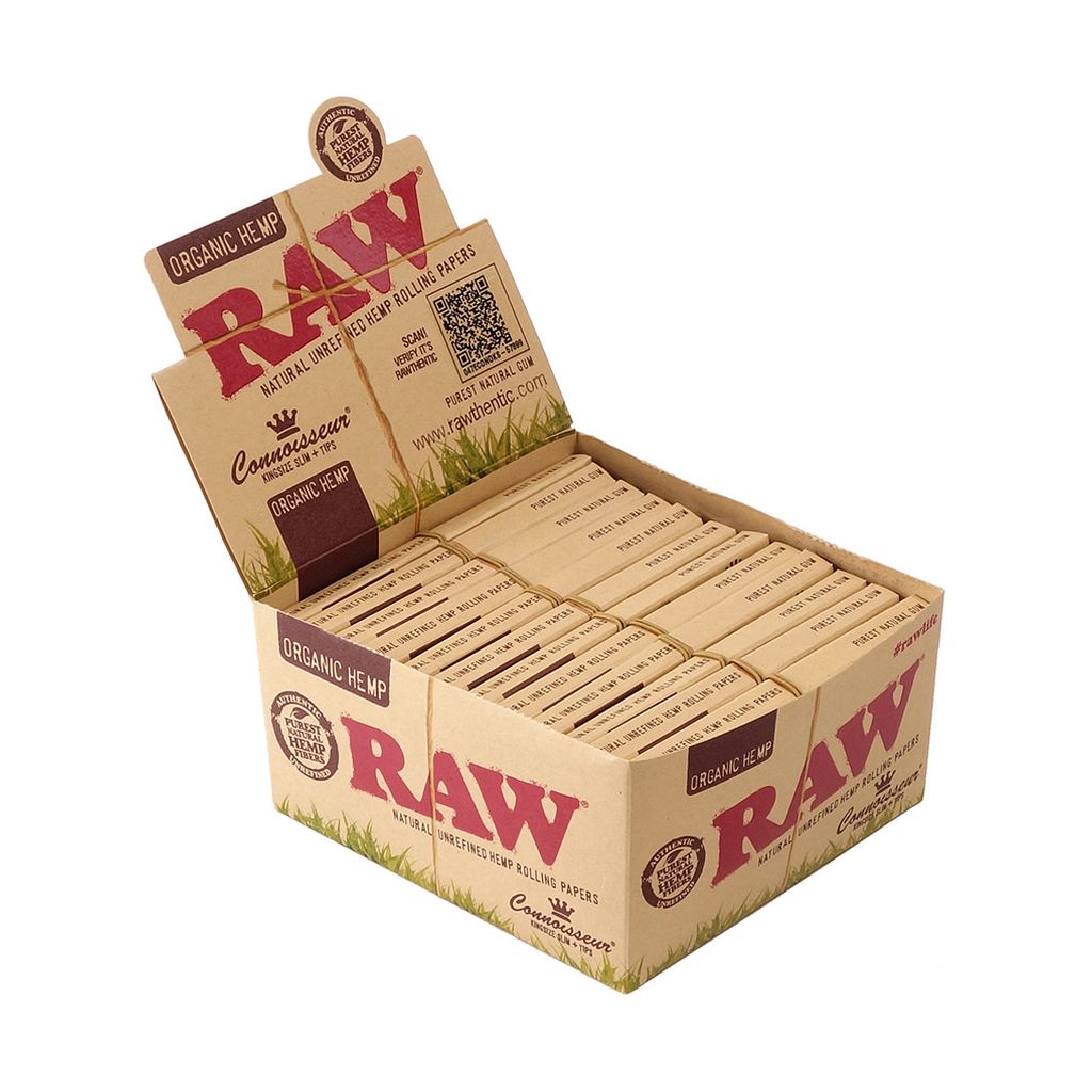 RAW ORGANIC CONNOISSEUR KINGSIZE SLIM + TIPS 24 PACKS PER BOX 32 LEAVES PER PACK 77586