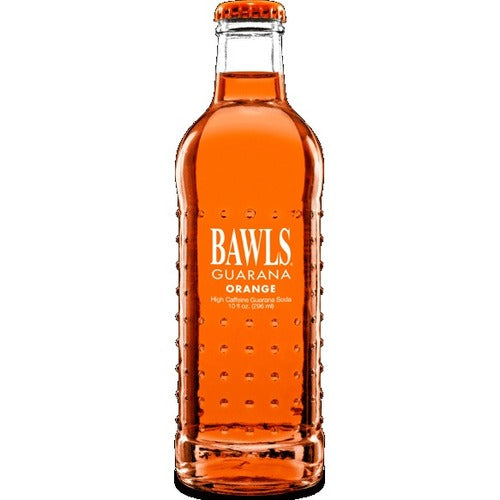EXOTIC SODA BAWLS HIGH CAFFEINE SODA 10oz. BOTTLE GUARANA ORANGE SODA