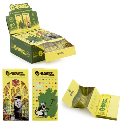 GROLLZ PAPERS UNBLEACHED BAMBOO K/S W/TIPS+TRAY 50/Pk 16Pk/Box BANKSYS GRAFFITI BG71A-DIS