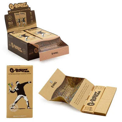 GROLLZ PAPERS UNBLEACHED EXTRA THIN K/S W/TIPS+TRAY 50/Pk 16Pk/Box BANKSYS GRAFFITI BG70B-DIS