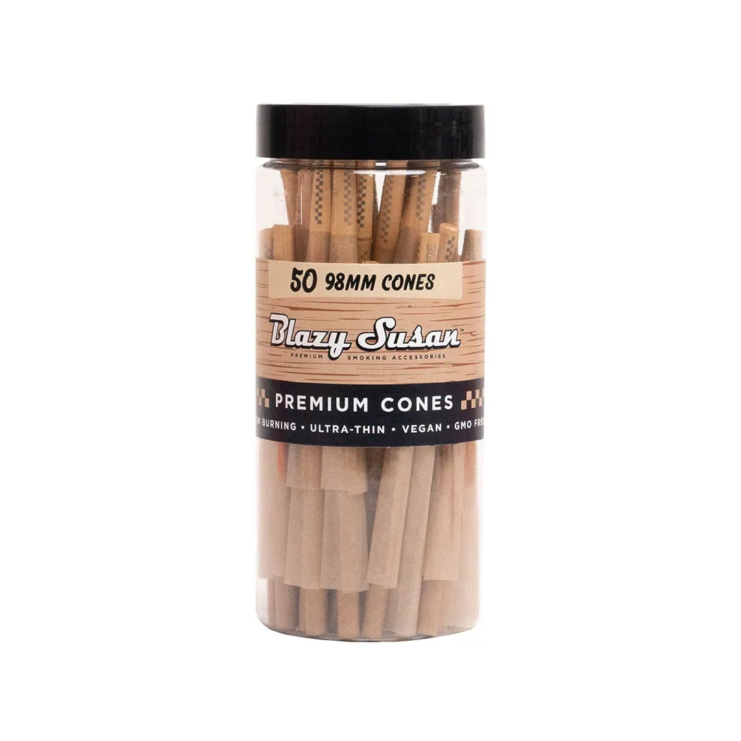BLAZY SUSAN 98MM PRE ROLLED CONES 50/JAR UNBLEACHED