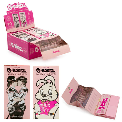 GROLLZ PAPERS LIGHTLY DYED PINK K/S W/TIPS+TRAY 50/Pk 16Pk/Box BANKSYS GRAFFITI BG75C-DIS