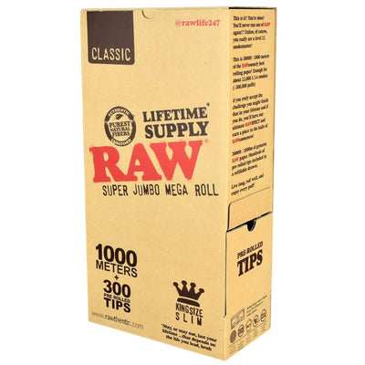 RAW CLASSIC SUPER JUMBO MEGA ROLL KING SIZE SLIM 1000M ROLLING PAPER 300 TIPS