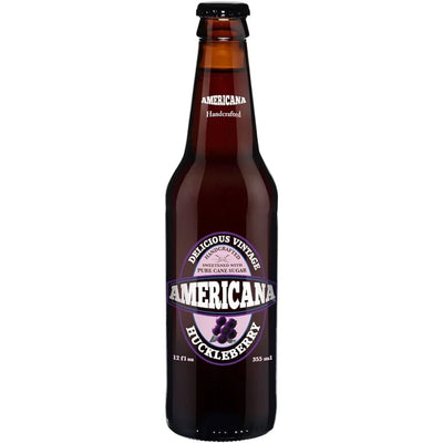 EXOTIC SODA AMERICANA CANE SUGAR SODA 12oz. BOTTLE HUCKLEBERRY