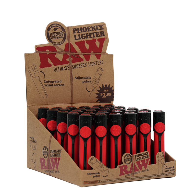 RAW PHOENIX LIGHTER 30ct/DISPLAY W/WIND BLOCKER, HAZMAT RED