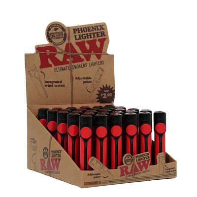 RAW PHOENIX LIGHTER 30ct/DISPLAY W/WIND BLOCKER, HAZMAT RED