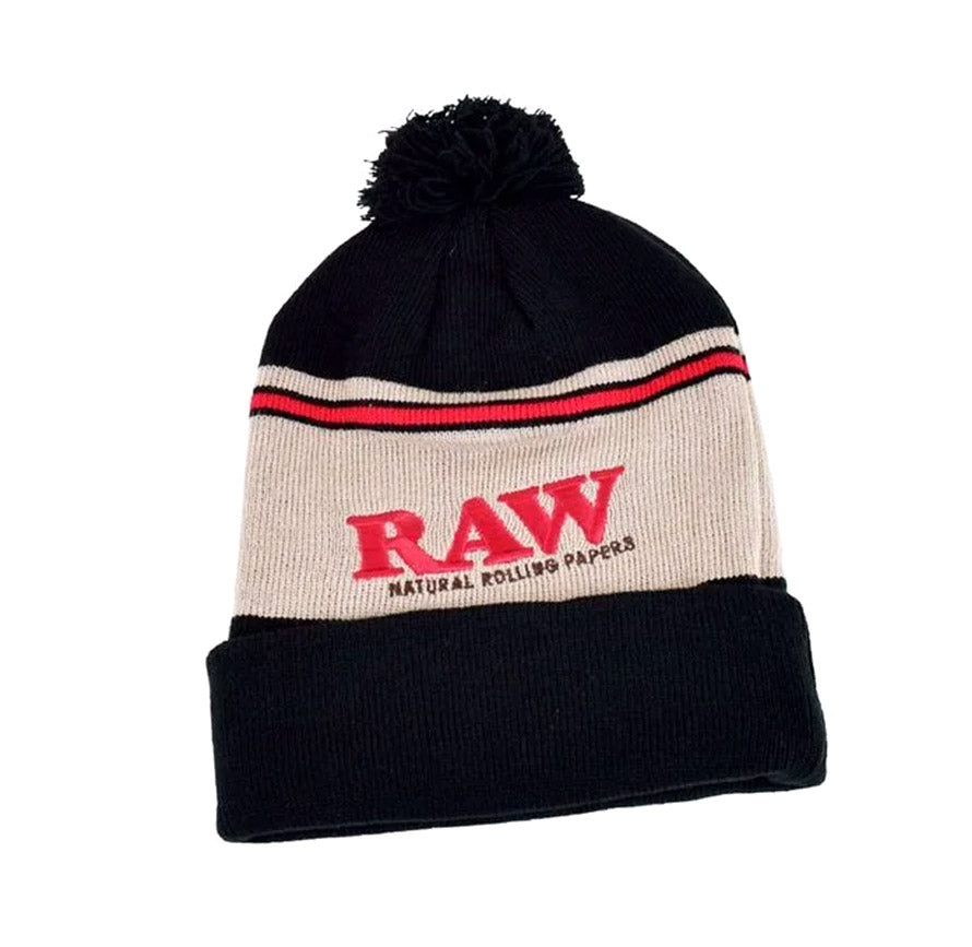 RAW BEANIE POMPOM HAT BLK-BROWN