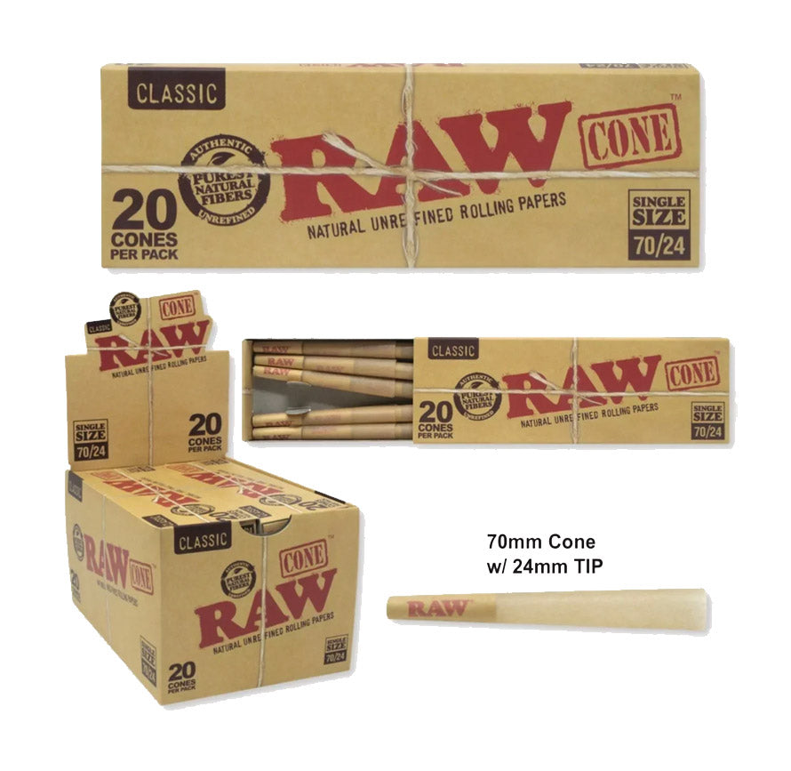 RAW CLASSIC CONE SINGLE SIZE 70/24 12 PACKS/BOX 20 CONES/PK 52405