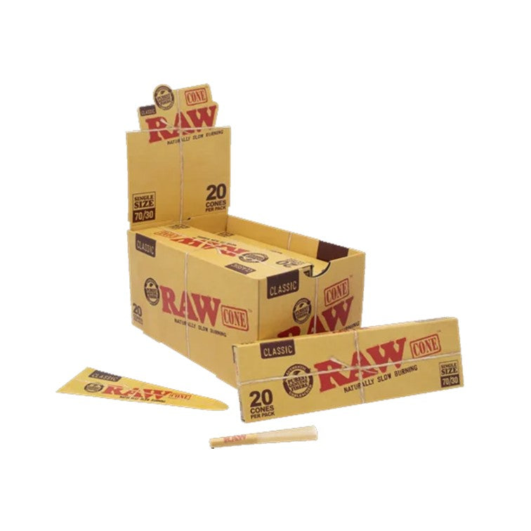 RAW CLASSIC CONE SINGLE SIZE 70/30 12 PACKS/BOX 20 CONES7PK 52399