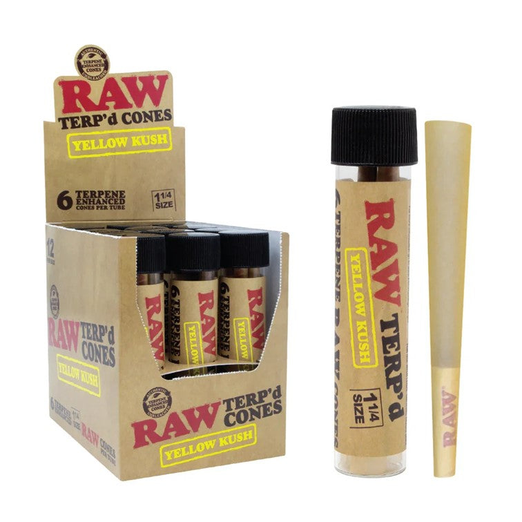 RAW TERP'D CONES 1 1/4 SIZE 6PK 12PK/BOX YELLOW KUSH