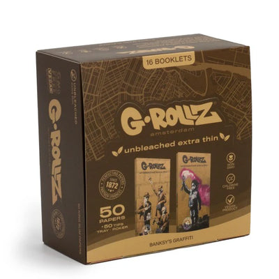 GROLLZ PAPERS UNBLEACHED EXTRA THIN K/S W/TIPS+TRAY 50/Pk 16Pk/Box BANKSYS GRAFFITI BG70C-DIS