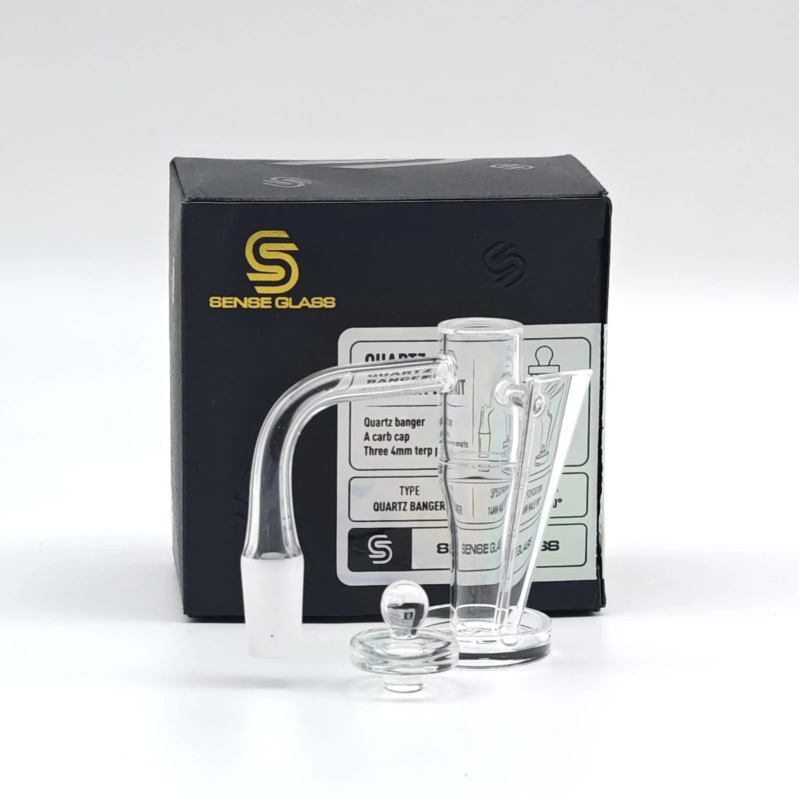 SENSE GLASS QUARTZ BANGER KIT 14MM MALE 90ø (A CARB CAP+ 3- 4MM TERP PEARLS)