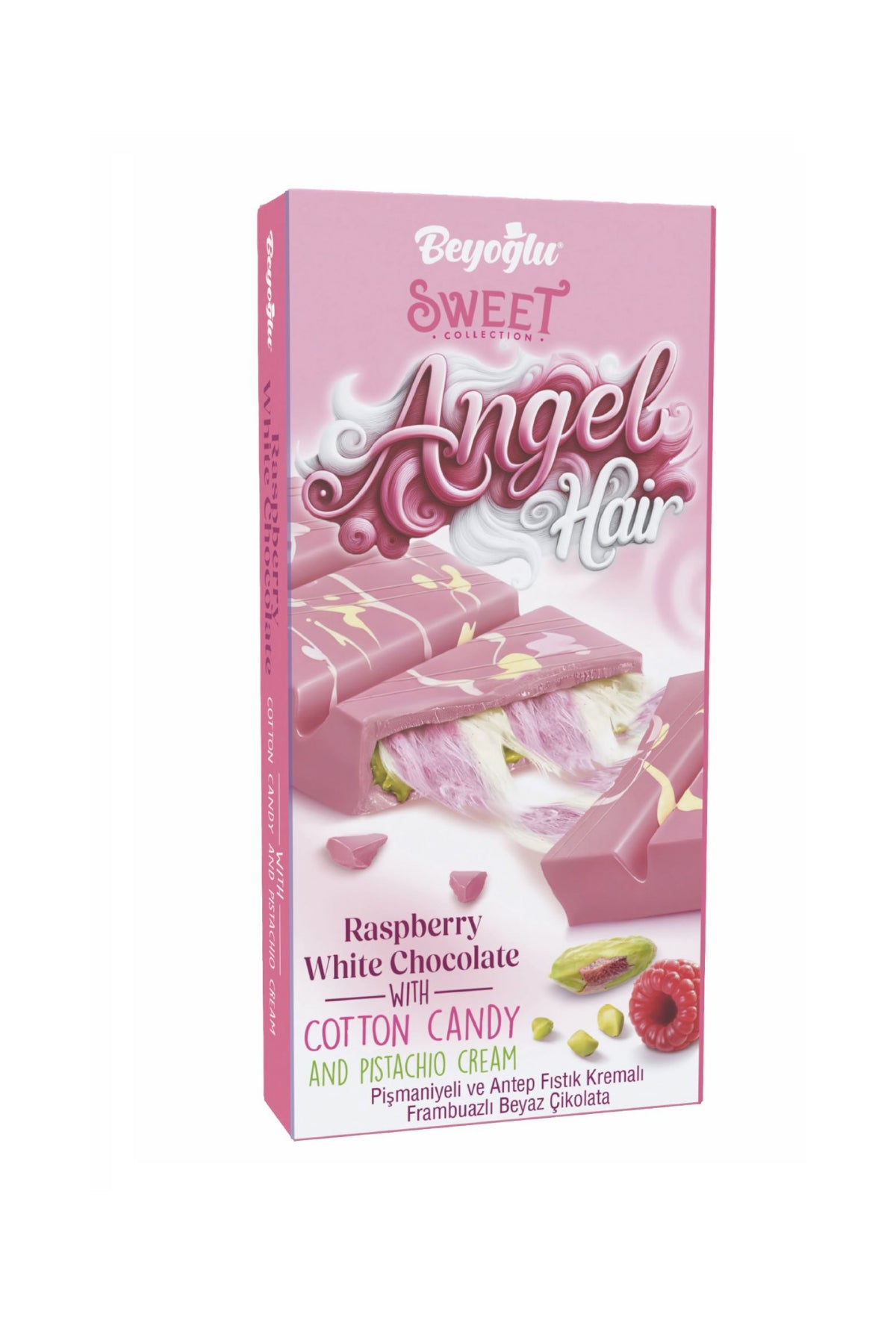 BEYOGLU SWEET ANGEL HAIR 170GM RASPBERRY WHITE CHOCOLATE W/COTTON CANDY & PISTACHIO CREAM
