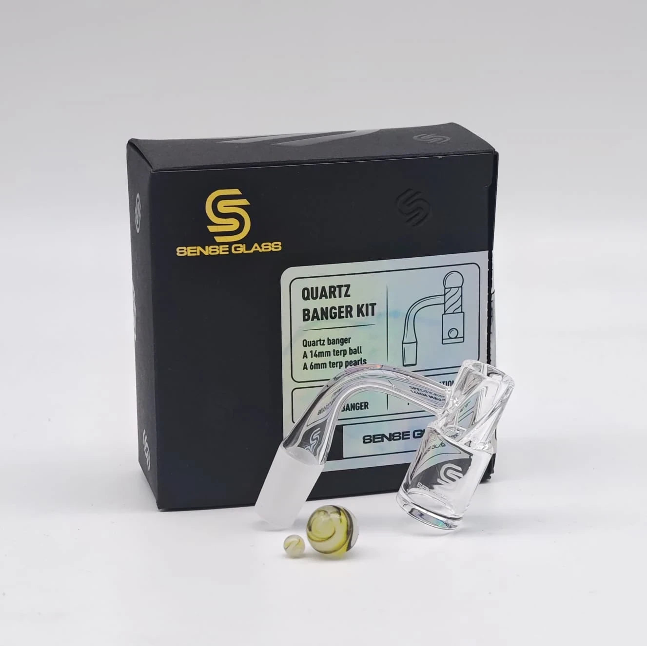 SENSE GLASS QUARTZ BANGER KIT 14MM MALE 90ø (14MMTERP BALL+6MM TERP PEARLS)