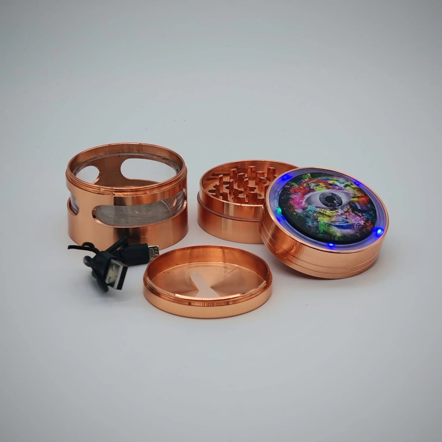 PLGPEL1 METAL GRINDER PSYCHEDELIC EYE W/LED LIGHT + CHARGER 4PT 63MM ASST