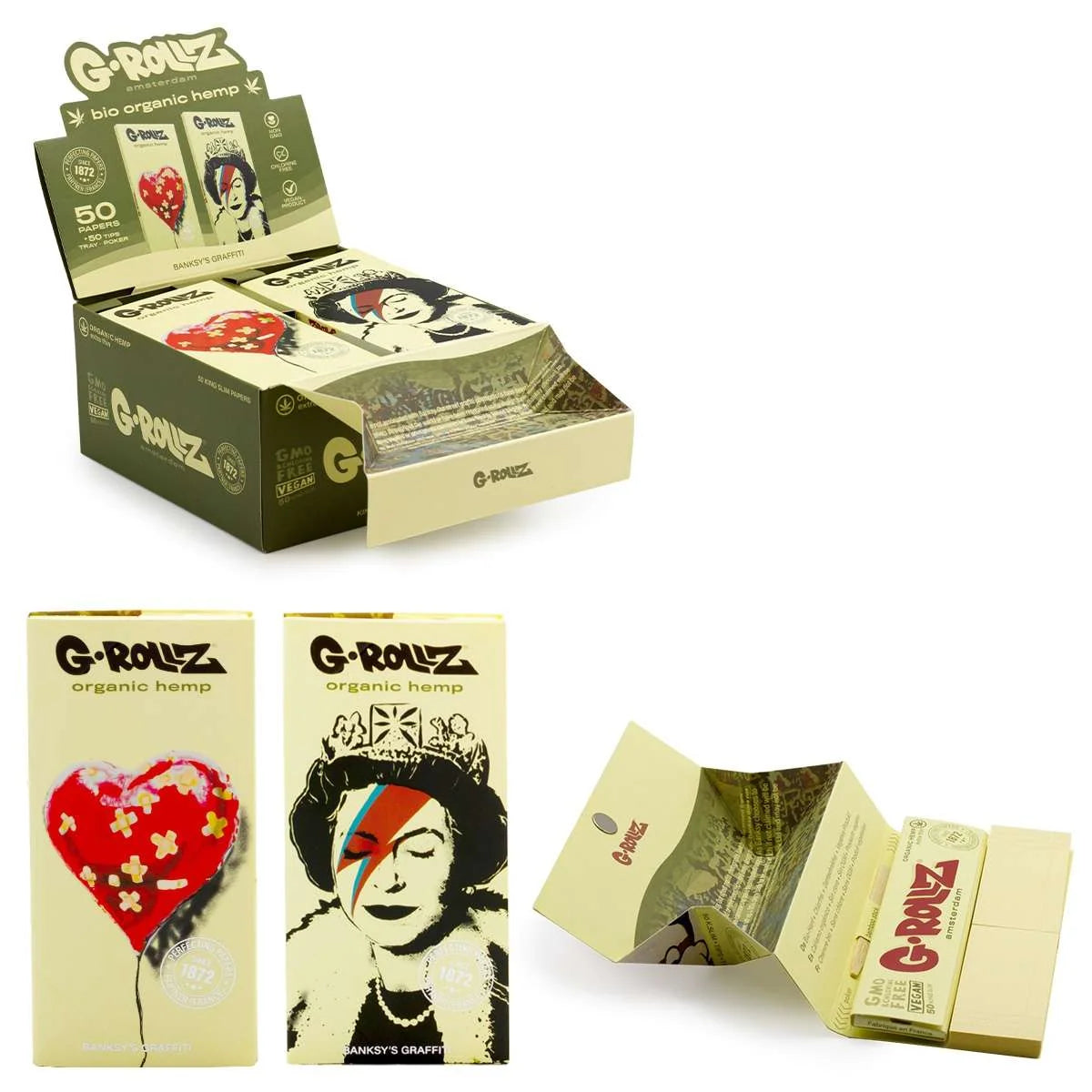GROLLZ PAPERS ORGANIC EXTRA THIN K/S W/TIPS+TRAY 50/Pk 16Pk/Box BANKSYS GRAFFITI BG72B-DIS