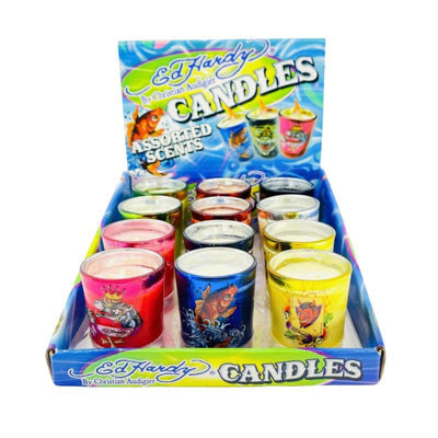 ED HARDY ROUND SHOT GLASS TEALIGHT CANDLES SMALL 12CT/DISPLAY ASSORTED DESIGNS