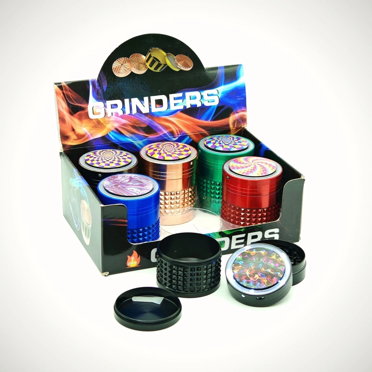 PLGKLD1 GRINDER METAL KALEIDOSCOPE DIAMOND BODY W/LED LIGHT + CHARGER 63MM 4PT ASST DESIGNS