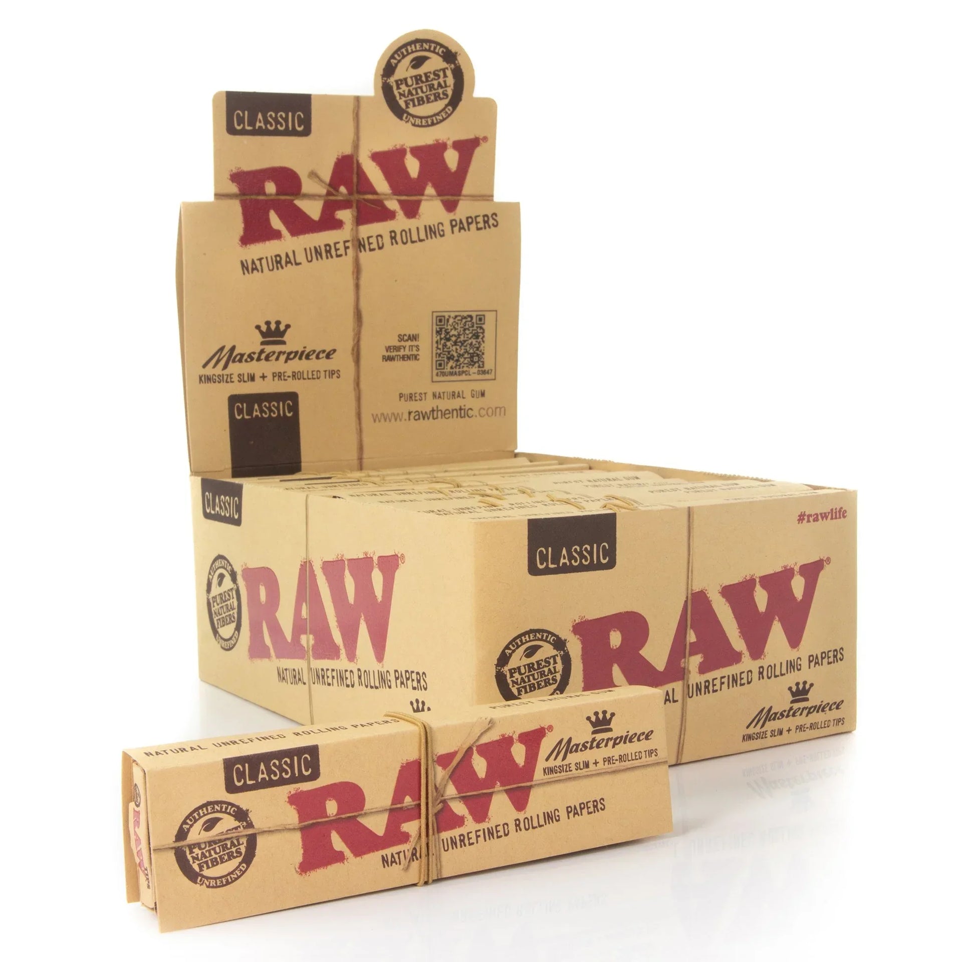 RAW CLASSIC MASTERPIECE (KING SIZE SLIM + PRE-ROLLED TIPS) 25079  24 PACKS PER BOX  32 LEAVES PER PACK  24 TIPS PER PACK