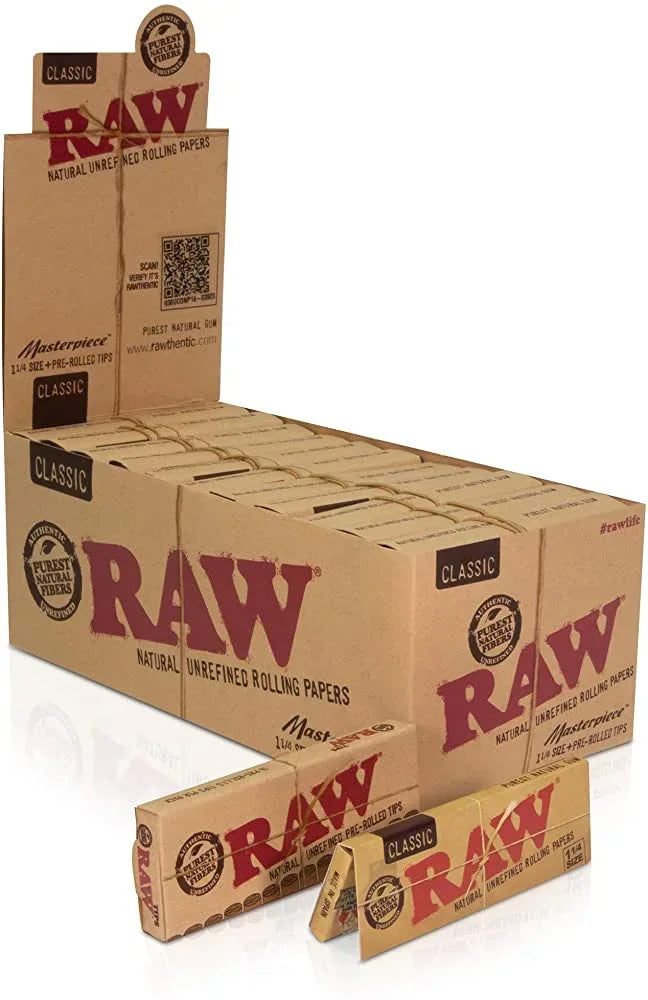 RAW CLASSIC MASTERPIECE 1 1/4 SIZE + PRE ROLLED TIPS 25078  24 PACKS PER BOX  50 LEAVES PER PACK  16 TIPS PER PACK