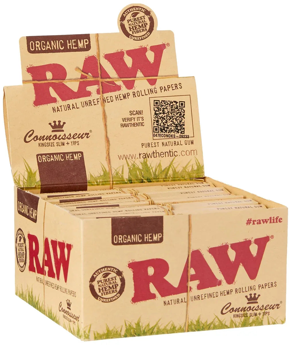 RAW ORGANIC CONNOISSEUR KINGSIZE SLIM + TIPS 77586  24 PACKS PER BOX  32 LEAVES PER PACK