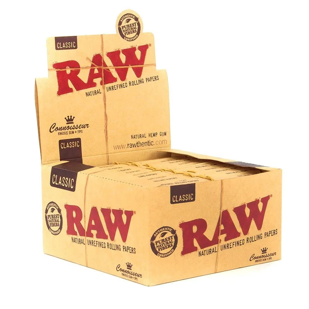 RAW CONNOISSEUR KS SLIM + TIPS 74028  24 PACKS PER BOX  32 LEAVES PER PACK  32 TIPS PER PACK