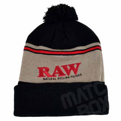 RAW BEANIE POMPOM HAT BLK-BROWN