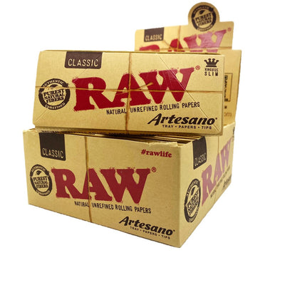 RAW CLASSIC KINGSIZE SLIM ARTESANO 15PK/BOX 32 LEAVES/PACK 32 TIPS/PK 00550