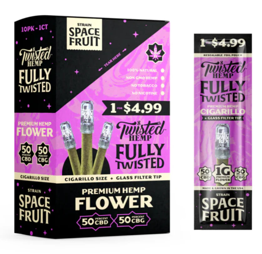TWISTED HEMP W/GLASS BLUNT 50øCBD/50øCBG SINGLE PK 10PK/BOX SPACE FRUIT